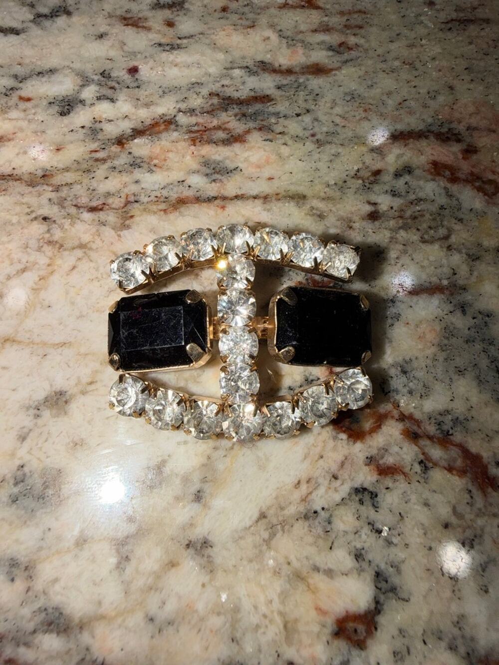 Vintage Gold Tone Rhinestone & Black Glass Belt Buckle